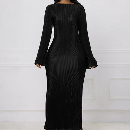 Ladies' Solid Color Fashionable Autumn And Winter Flared Sleeve Ribbed Slit Elegant Long Sleeved Dress