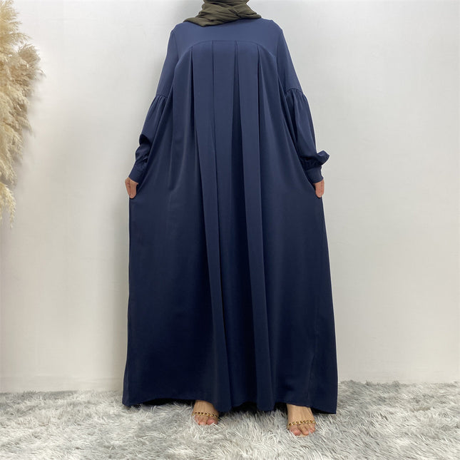 Muslim Solid Color Pleated Round Neck Dress