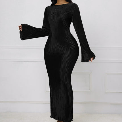 Ladies' Solid Color Fashionable Autumn And Winter Flared Sleeve Ribbed Slit Elegant Long Sleeved Dress