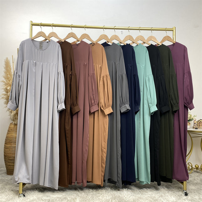 Muslim Solid Color Pleated Round Neck Dress