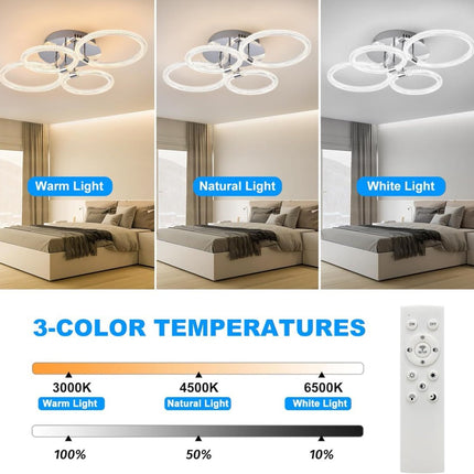 Modern LED Ceiling Light, Flush Mount Ceiling Light With Dimmable Remote Control, 6Rings Acrylic Ceiling Light Fixture For Bedroom, Living Room, Kitchen, Office Lamps 4 Heads