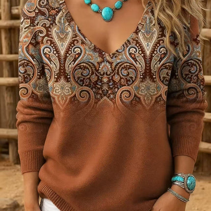 Womens Retro-Print V-Neck Long-Sleeve T-Shirt Top