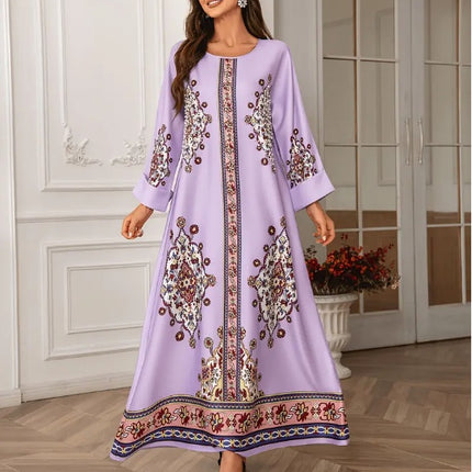 Elegant Floral Print Long Sleeve Abaya Dress