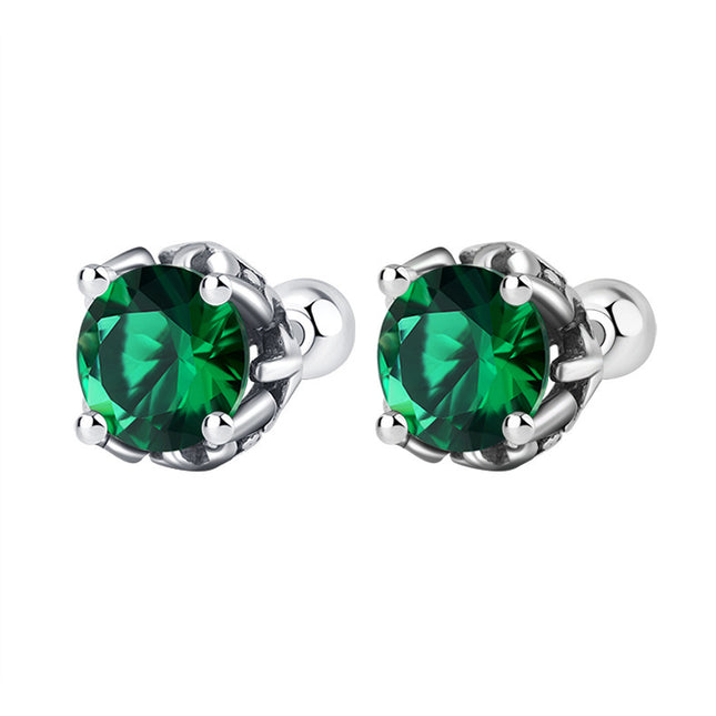 High-grade S925 Sterling Silver Screw Stud Earrings Emerald Zircon