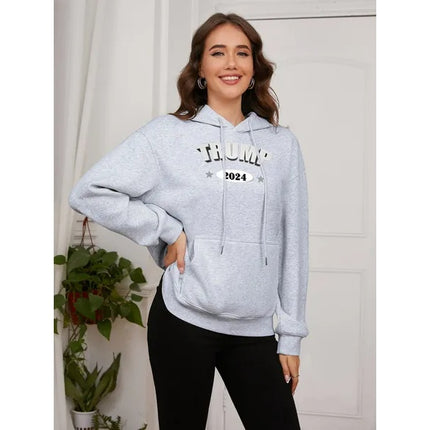 Women Basic Sweatshirt Casual Hooded Sweatshirt Autumn Winter Padded Long Sleeve Trump Alphabet 2024 Portrait Printed Top Oversize