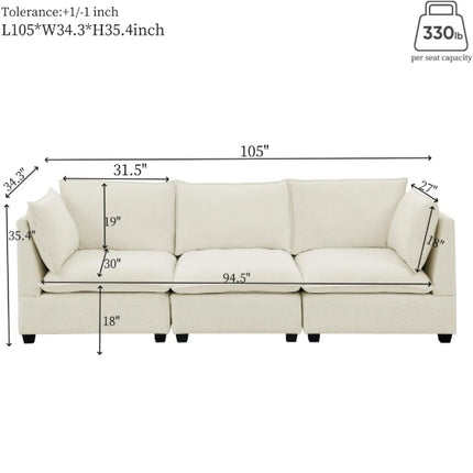 3-Piece Chenille Fabric Upholstered Living Room Furniture Set, Including 3-Seater Sofa AndV2 Loveseat Sofa With Seat And Back Cushion Beige White