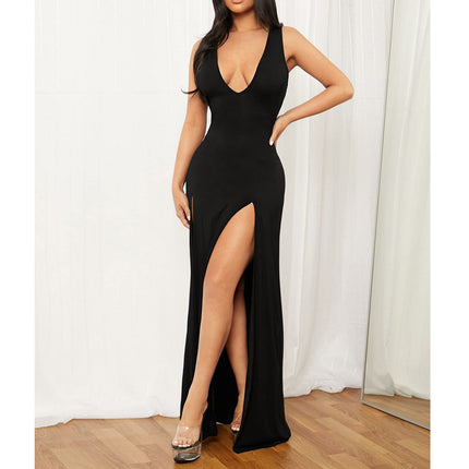Womens Solid-Color Deep V-Neck Sexy Slip Dress