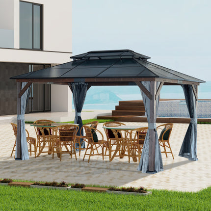 10' X 13' Hardtop Wood Gazebo For Patios, Outdoor Framed Gazebo With Polycarbonate Double Roof Canopy, Solid Wooden Framed Gazebo With Privacy Curtains And Mosquito Nettings For Garden, Backyard