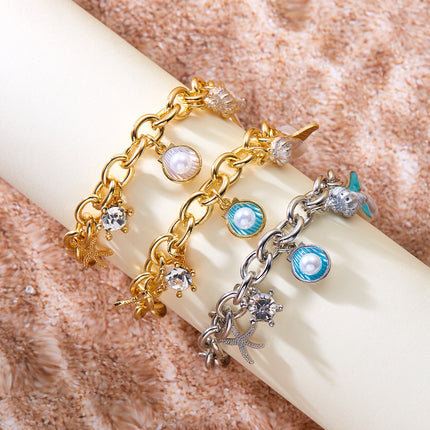 Women's Fashion Starfish Pearl Shell Fishtail Multi-pendant Necklace Bracelet