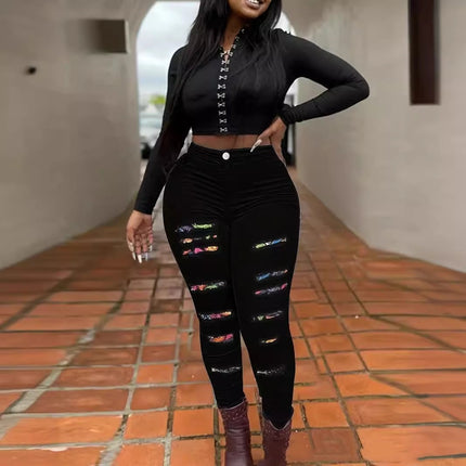 Plus Size Black Color Matching Patch Hole Denim Skinny Pants