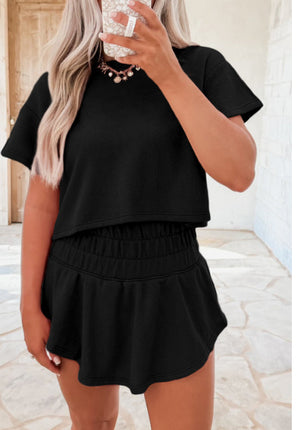 Black 2pcs Cropped Tee And Ruffle High Waist Skort Set