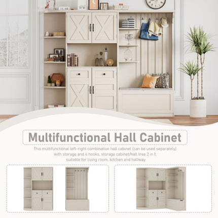 Multifunctional Left-right Combination Hall Cabinet  Can Be Used Separately  With Storage And 4 Hooks, Storage Cabinet Hall Tree 2 In 1 For Living Room, Kitchen And Hallway,antique Beige