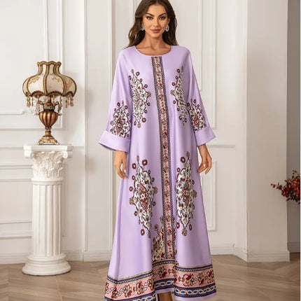 Elegant Floral Print Long Sleeve Abaya Dress