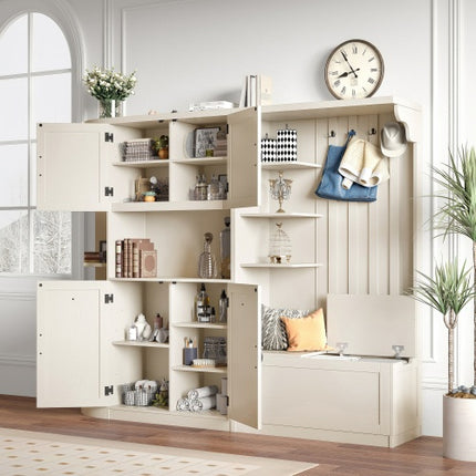 Multifunctional Left-right Combination Hall Cabinet  Can Be Used Separately  With Storage And 4 Hooks, Storage Cabinet Hall Tree 2 In 1 For Living Room, Kitchen And Hallway,antique Beige