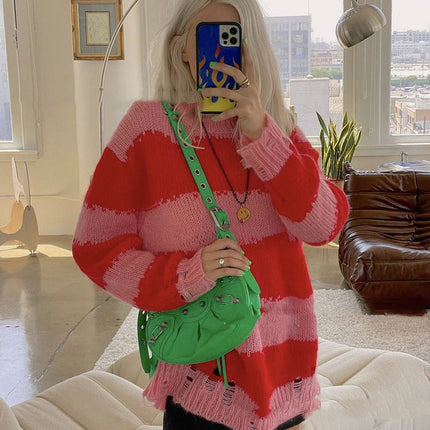 Women's New Mohair Ripped Striped Thin Crew Neck Sweater