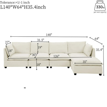 Convertible Sectional Sofa Couch With Ottoman, Cloud Couch 4 Seat L Shaped Sofa With Padded Armrests And Ottoman .Cloud Sofa For Living Room, Apartment And Office, Beige Beige White