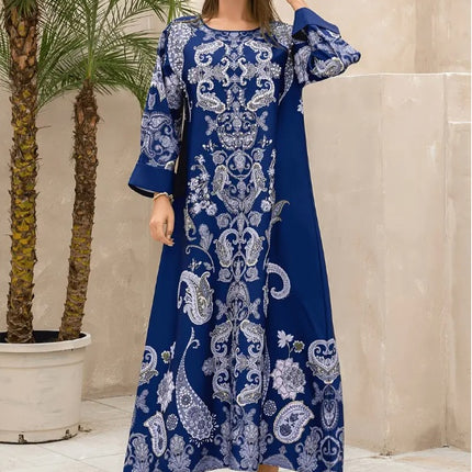 Elegant Floral Print Long Sleeve Abaya Dress