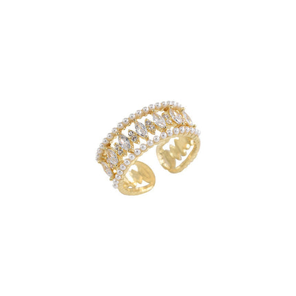 Light Luxury Pearl Open-end Zircon Ring Female Special-interest Design