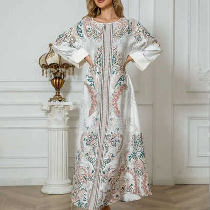 Elegant Floral Print Long Sleeve Abaya Dress