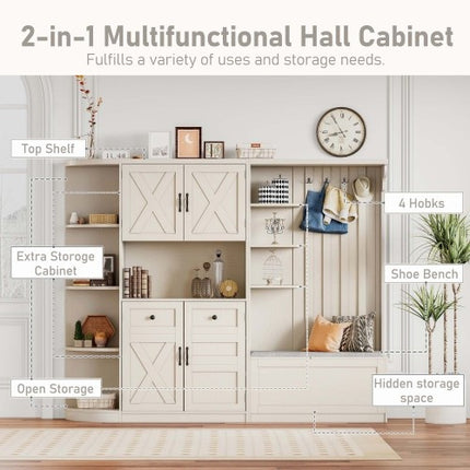 Multifunctional Left-right Combination Hall Cabinet  Can Be Used Separately  With Storage And 4 Hooks, Storage Cabinet Hall Tree 2 In 1 For Living Room, Kitchen And Hallway,antique Beige