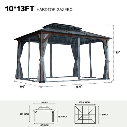 10' X 13' Hardtop Wood Gazebo For Patios, Outdoor Framed Gazebo With Polycarbonate Double Roof Canopy, Solid Wooden Framed Gazebo With Privacy Curtains And Mosquito Nettings For Garden, Backyard