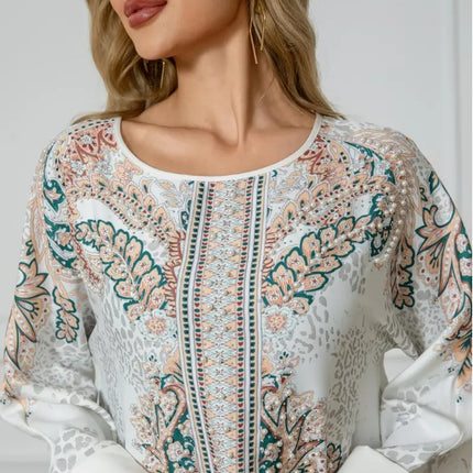 Elegant Floral Print Long Sleeve Abaya Dress