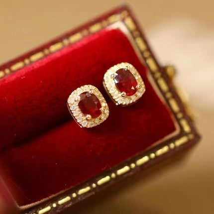 Real Gold Natural Ruby Diamond Stud Earrings Pigeon Blood Red Color
