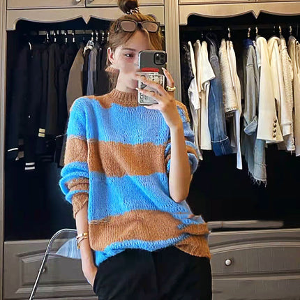 Women's New Mohair Ripped Striped Thin Crew Neck Sweater