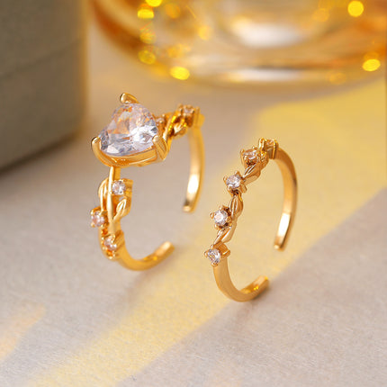 Open Heart All-match Copper Inlaid Zircon Ring Suit