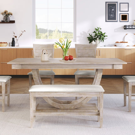 TOPMAX 6-Piece Wood Half Round Dining Table Set With Long Bench & 4 Chairs