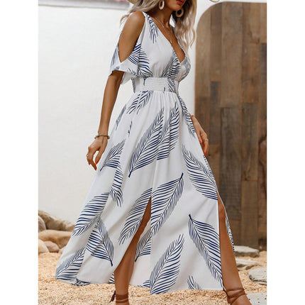 Tropical Floral Print V-neck Split Dress For A Vacation Vibe