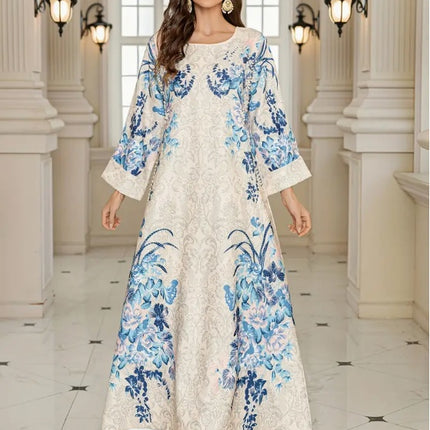 Elegant Floral Print Long Sleeve Abaya Dress