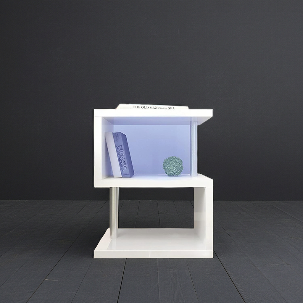 Table basse S à 3 couches eprolo avec rangement ouvert, éclairage LED blanc, prise USB et surface brillante en high gloss blanc.