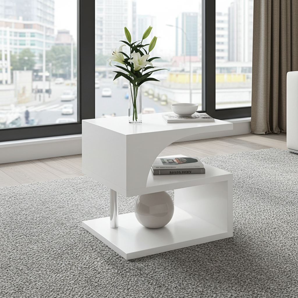 Table basse S à 3 couches eprolo en blanc avec rangement ouvert, éclairage LED haute brillance et ports USB intégrés.