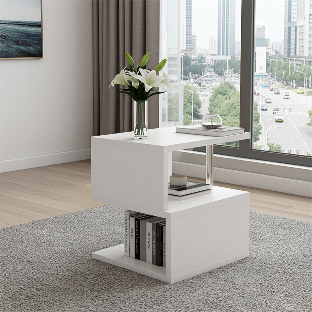 Table basse en forme de S à 3 couches, blanche avec stockage ouvert, éclairage LED, prise USB et finition brillante par eprolo